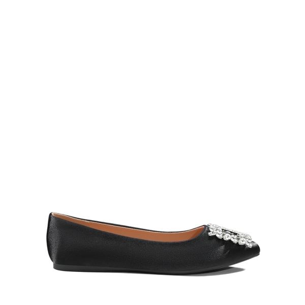 Rhinestone Square Buckle Flats - BLACK-SATIN - 4